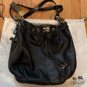 COACH Leather Drawstring Bucket Bag. Black with Gold Hardware.